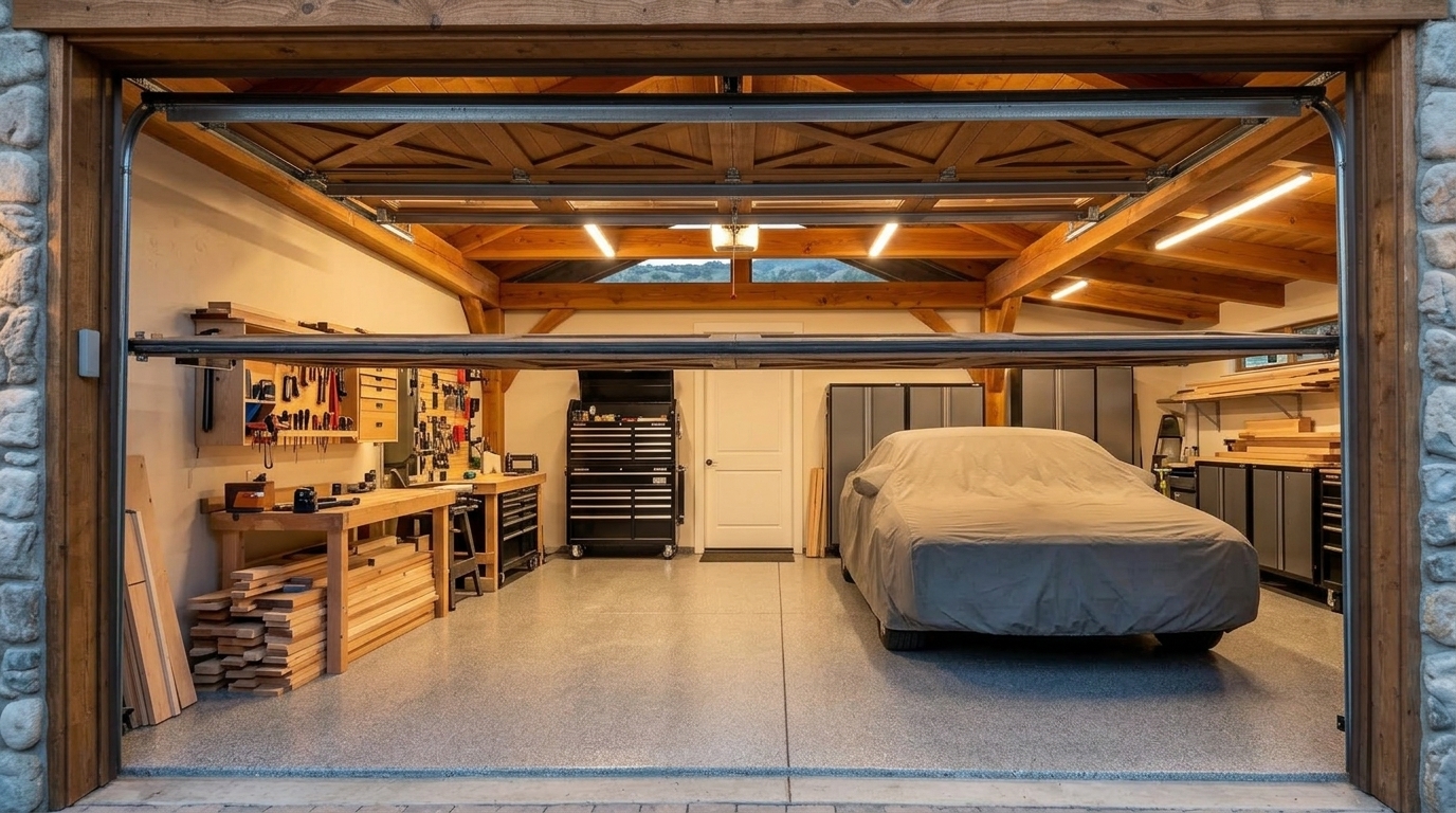 Dixon Garage Door Service Interior View of Custom Garage Door Overhead and Workshop